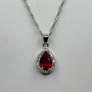 New Silver Plated Red Teardrop CZ Pendant Necklace 18”